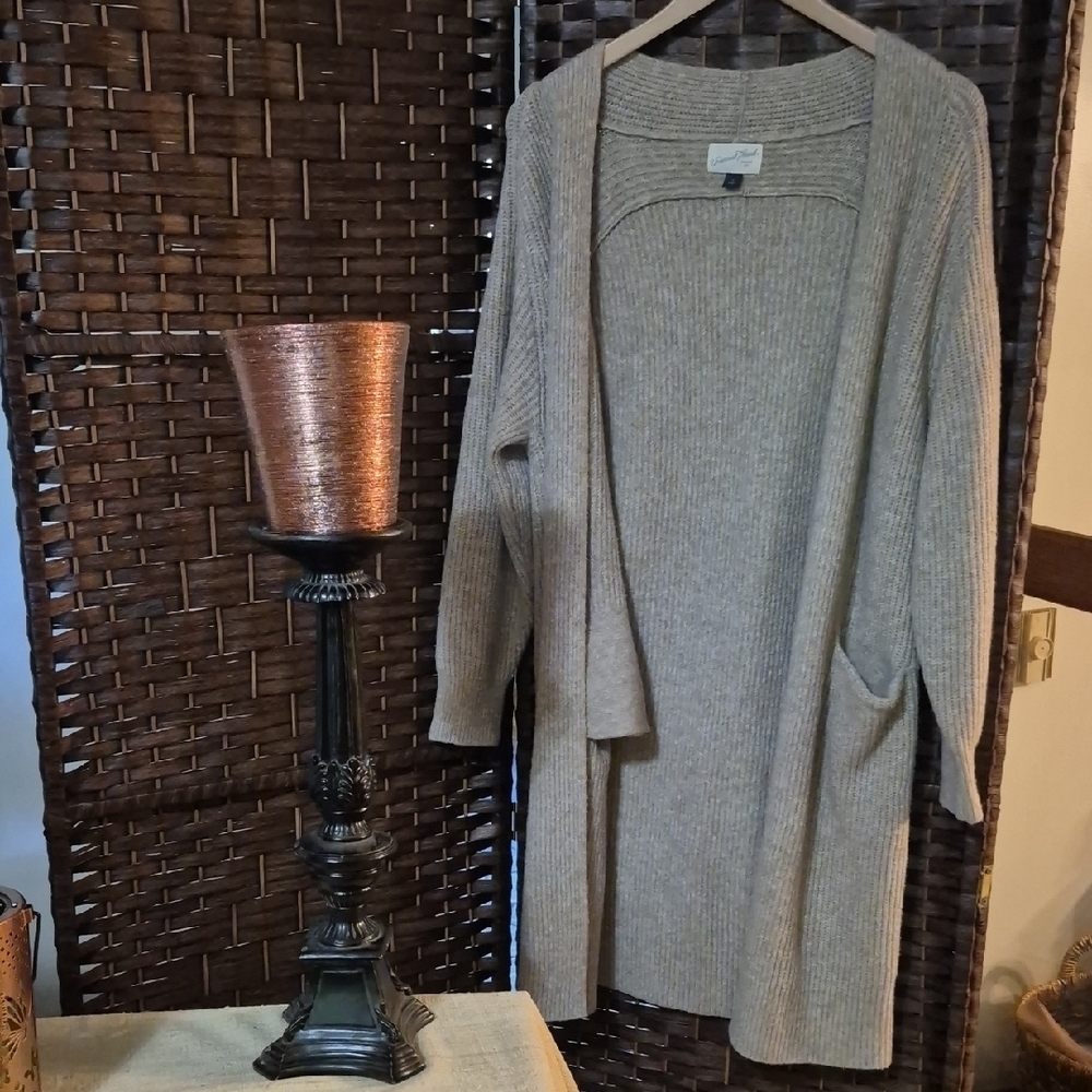 Oversized Women's Beige Open Front Long Cardigan with Pockets